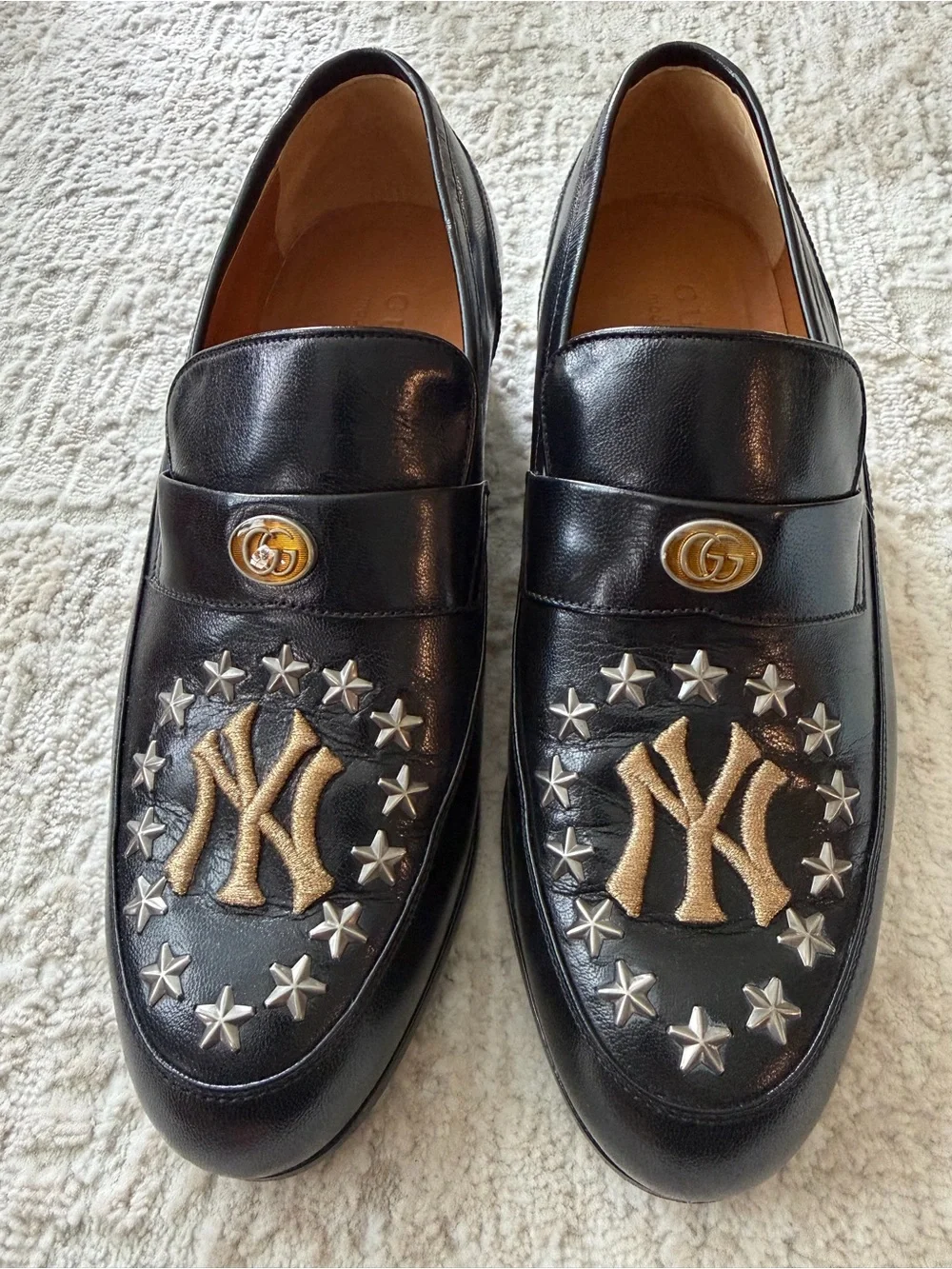 Gucci Men’s Black Leather Embroidered Loafers with Gold NY Detail